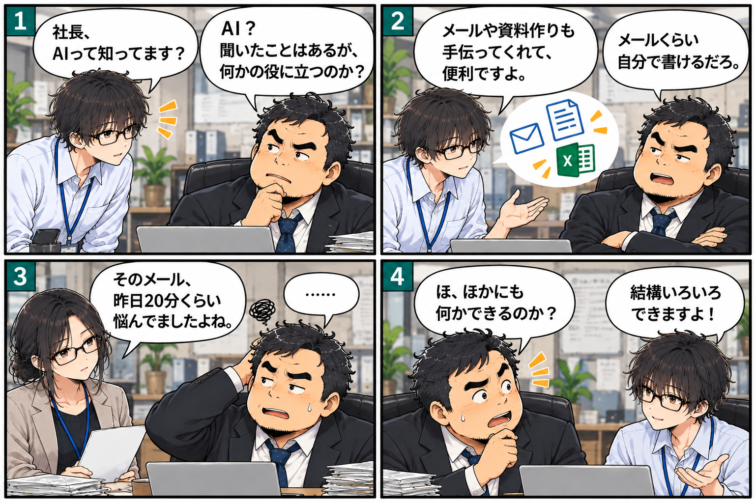 1コマ目：社員が社長にAIを知っているか尋ねる
